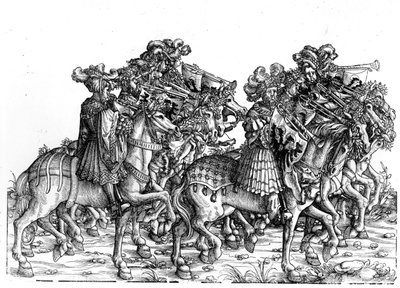 Diez músicos con trompetas, del desfile triunfal del emperador Maximiliano I, c.1517 de Hans Burgkmair